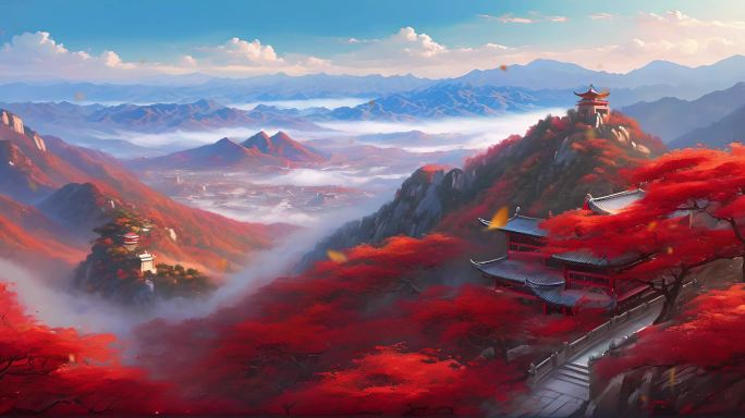 山上的红色枫叶风景
