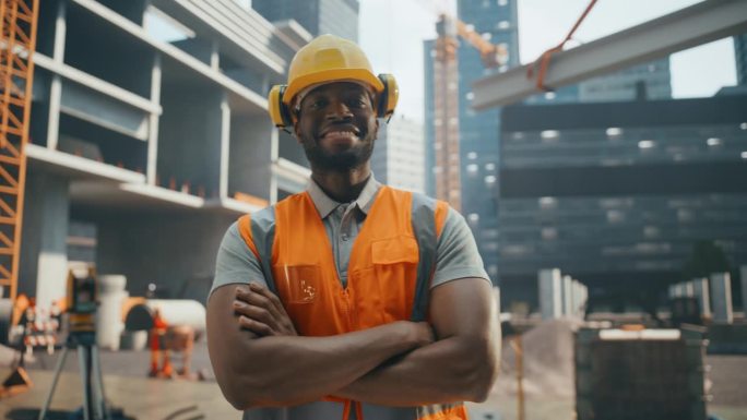 成功的非裔美国承包商、工地经理、土木工程师的肖像，戴着黄色安全帽和安全背心。一名黑人男子在商业建筑工