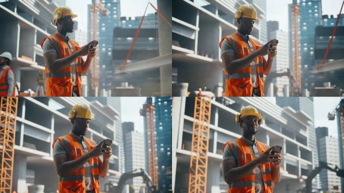 英俊的非洲建造者、工人、工匠的肖像，戴着安全帽和背心，站在商业建筑工地，用智能手机浏览社交媒体
