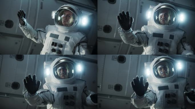 在空间站、卫星或宇宙飞船外太空行走时，一名女宇航员穿着宇航服摆姿势的肖像。快乐的女宇航员看着，微笑着