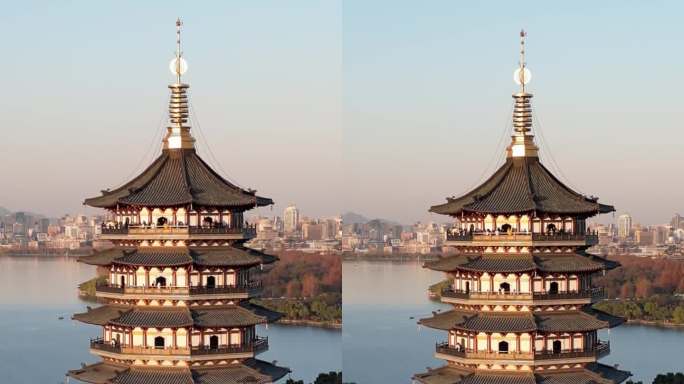 杭州西湖雷峰塔航拍雷锋夕照