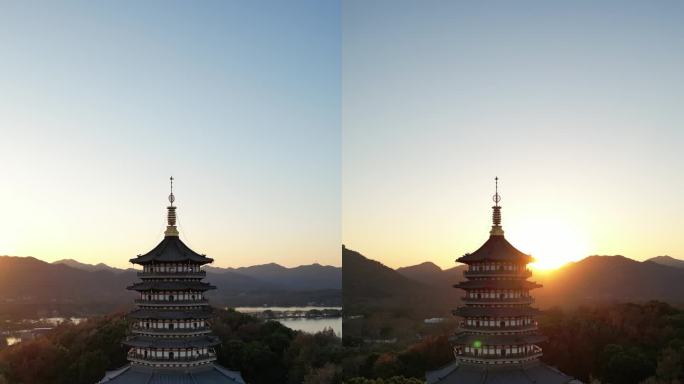 杭州西湖雷峰塔航拍雷锋夕照