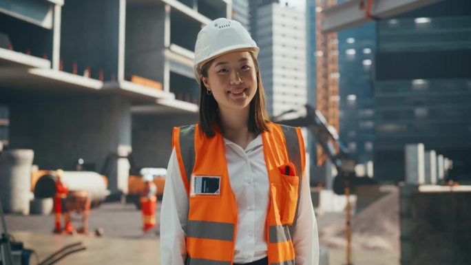 身穿安全制服及安全帽在住宅建筑工地工作的快乐专业重工亚洲工程师。微笑的日本女工业现场经理站在户外
