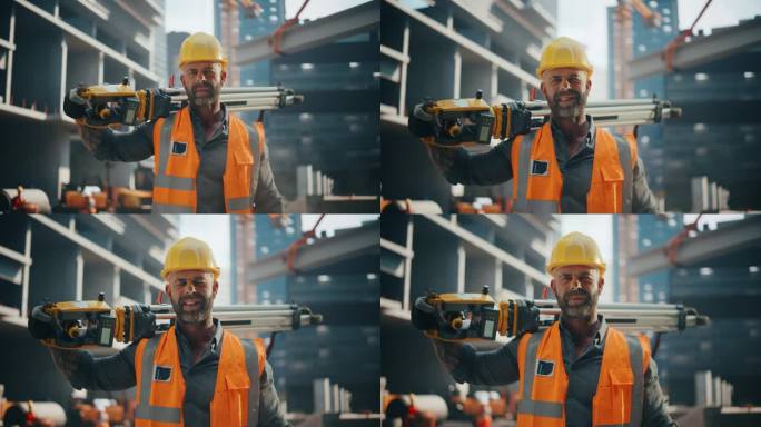 快乐的建筑工人手持经纬仪，微笑着对着镜头摆姿势。专业重工工程师，穿安全橙色制服，戴防护安全帽