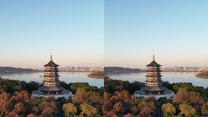 杭州西湖雷峰塔航拍雷锋夕照