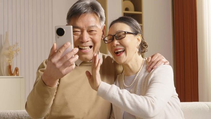 老年夫妇老年人老人玩手机视频通话