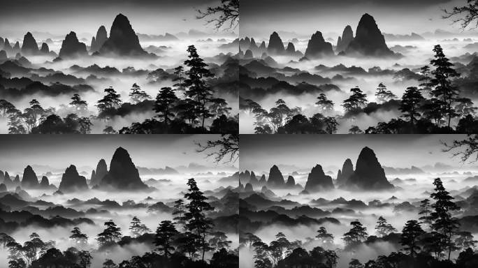 黑白中国风水墨意境山水素材