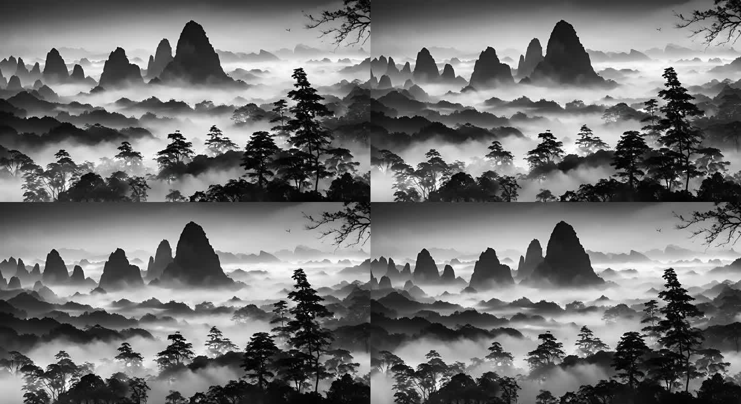 黑白中国风水墨意境山水素材