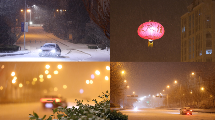 城市唯美雪景 冬季夜晚下雪 飘雪 4K