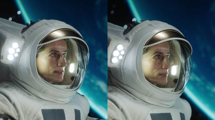 垂直屏幕:女宇航员通过无线电信号与任务控制中心通信，从宇宙飞船外观察美丽的地球。空间技术与探索概念