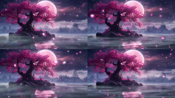 8k唯美桃树水面月亮背景