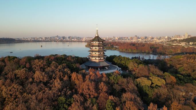 杭州西湖雷峰塔航拍雷锋夕照