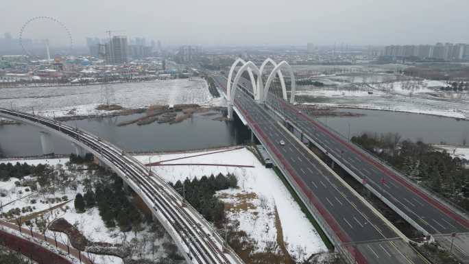 西咸雪景沣东镐京大桥沣河生态湿地公园2