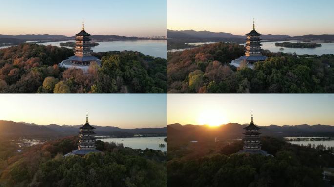 杭州西湖雷峰塔航拍雷锋夕照