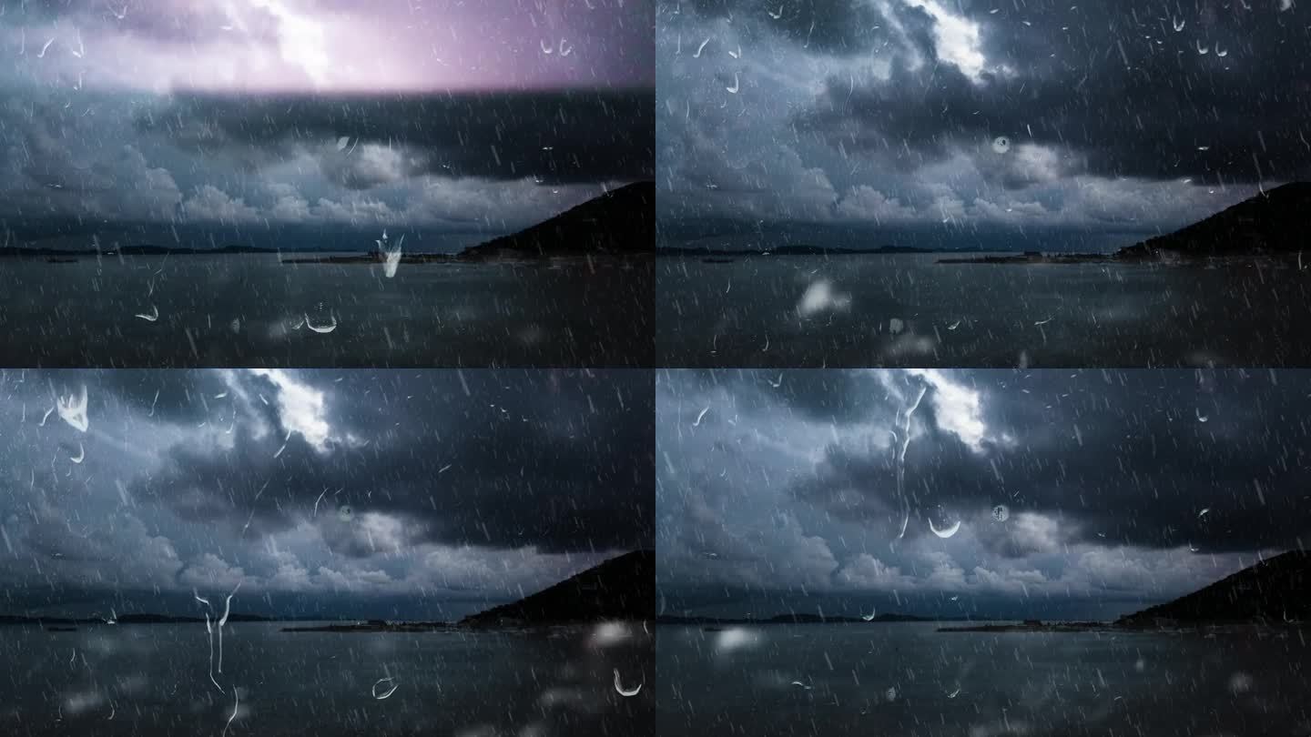 背景图形美丽的雨与闪电。雨雷暴动画4k。气候正在变化。雨点顺着窗外的玻璃流下，自然天气反常