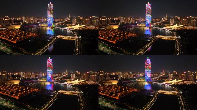 航拍郑州城市夜景地标建筑玉米楼中原福塔