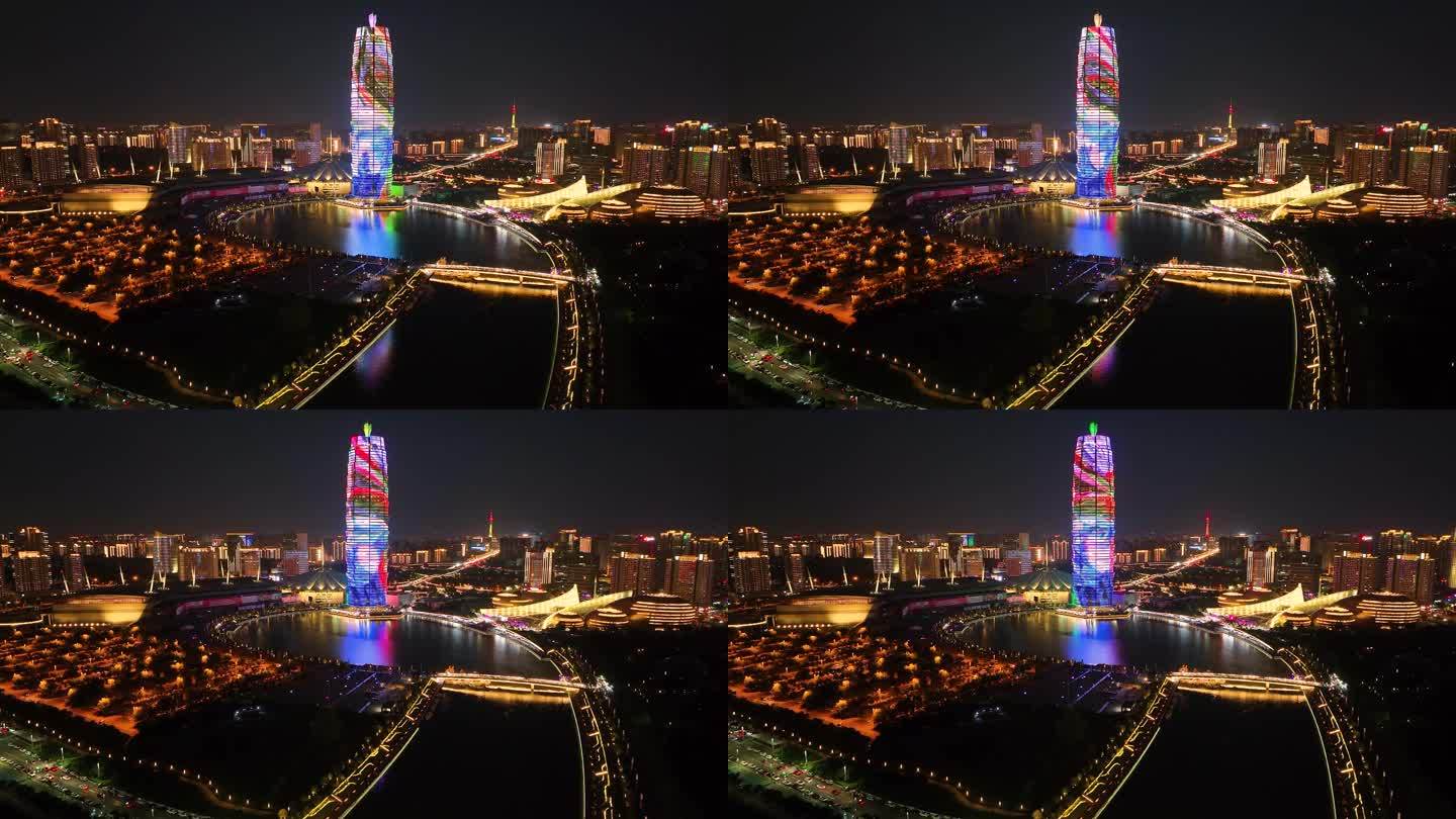 航拍郑州城市夜景地标建筑玉米楼中原福塔