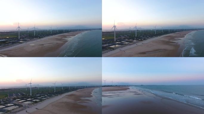 海滩夕阳 风车田 能源风力发电 航拍4K