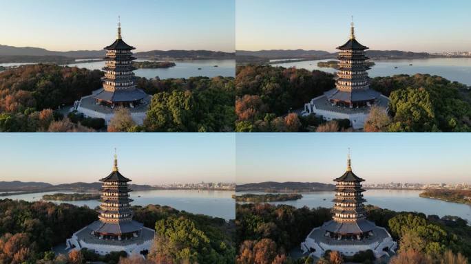 杭州西湖雷峰塔航拍雷锋夕照