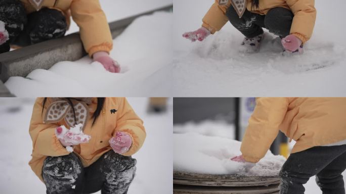 小女孩雪地玩雪