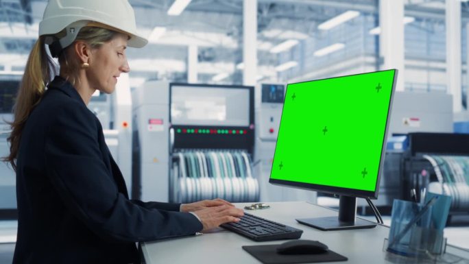 一位白人女性软件开发人员在一家电子厂的台式电脑上工作，电脑上显示的是绿屏Chromakey。技术研发
