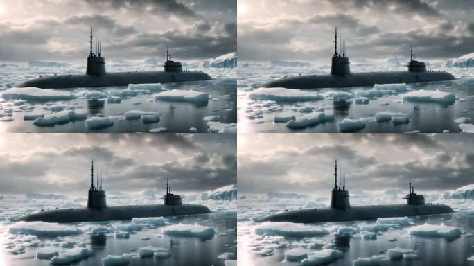 浮在北极冰面的潜艇