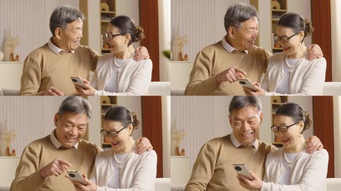 老人老年人夫妇客厅看手机玩手机