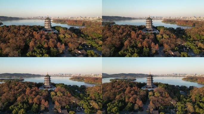 杭州西湖雷峰塔航拍雷锋夕照