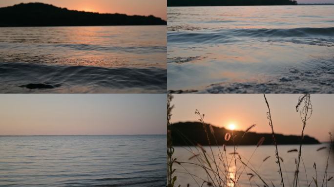 【4k】水波浪夕阳西下波光粼粼湖水