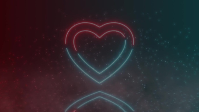 发光的霓虹心脏符号动画。情人节粒子背景