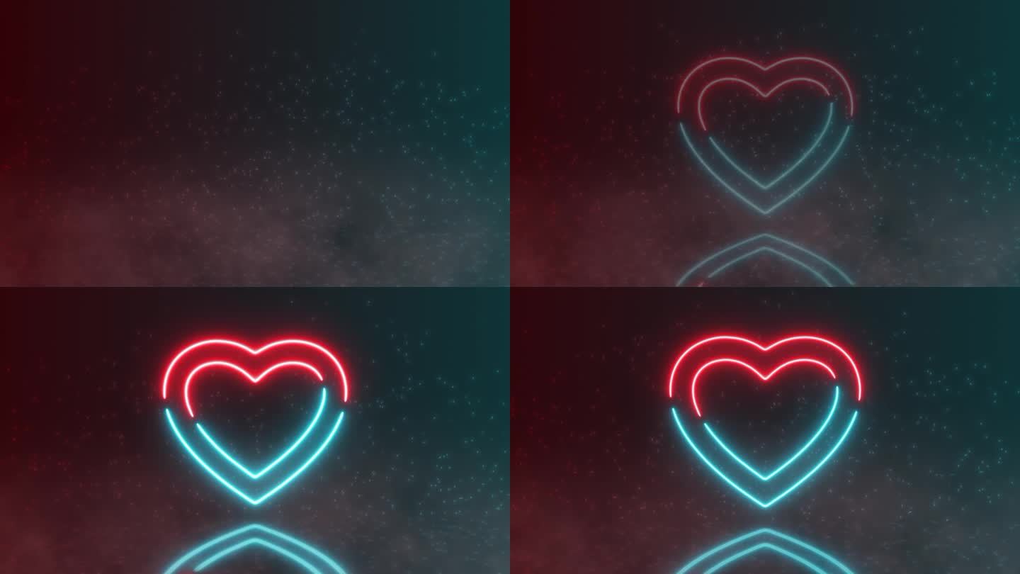 发光的霓虹心脏符号动画。情人节粒子背景