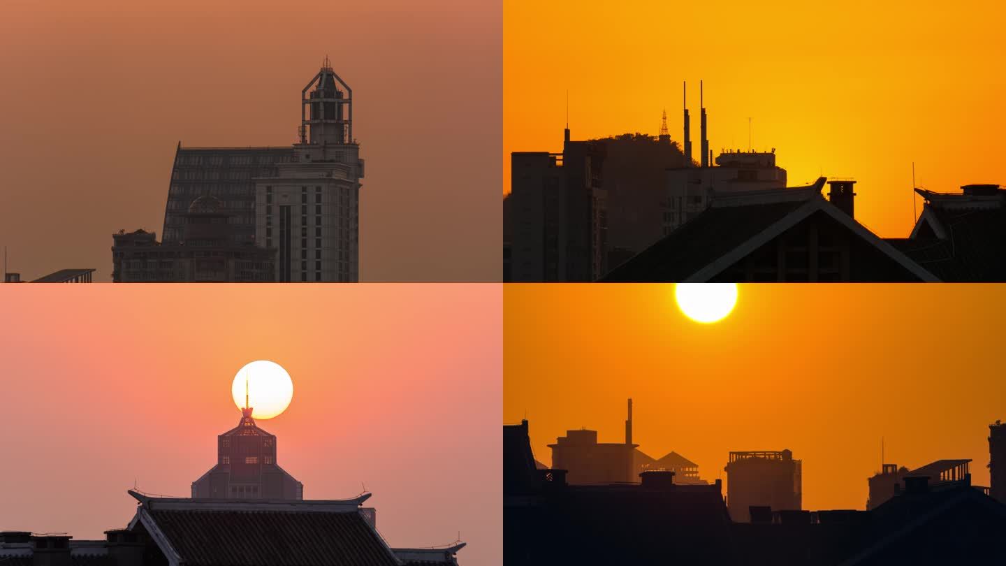 太阳从高楼背后落下延时摄影