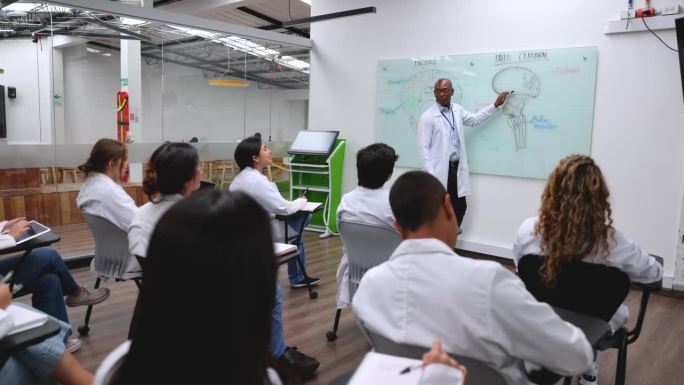 拉丁美洲医学院的学生正在认真听讲大脑解剖课