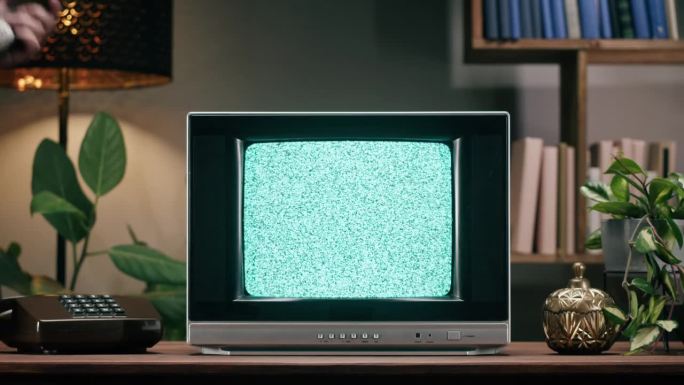 家庭背景上带有灰色干扰屏的旧电视。餐桌上的老式电视特写，有植物，怀旧。男子用复古电话打电话。