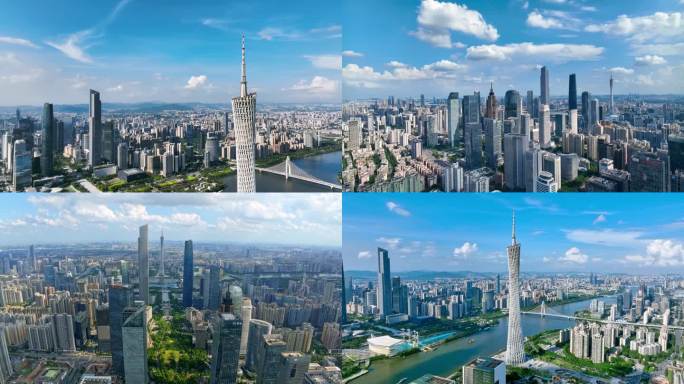 蓝天白云下的广州塔与珠江新城