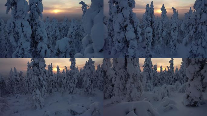 航拍无人机拍摄的夕阳雪景，芬兰拉普兰，北极圈