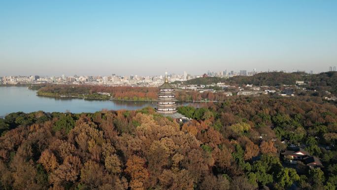 杭州西湖雷峰塔航拍雷锋夕照