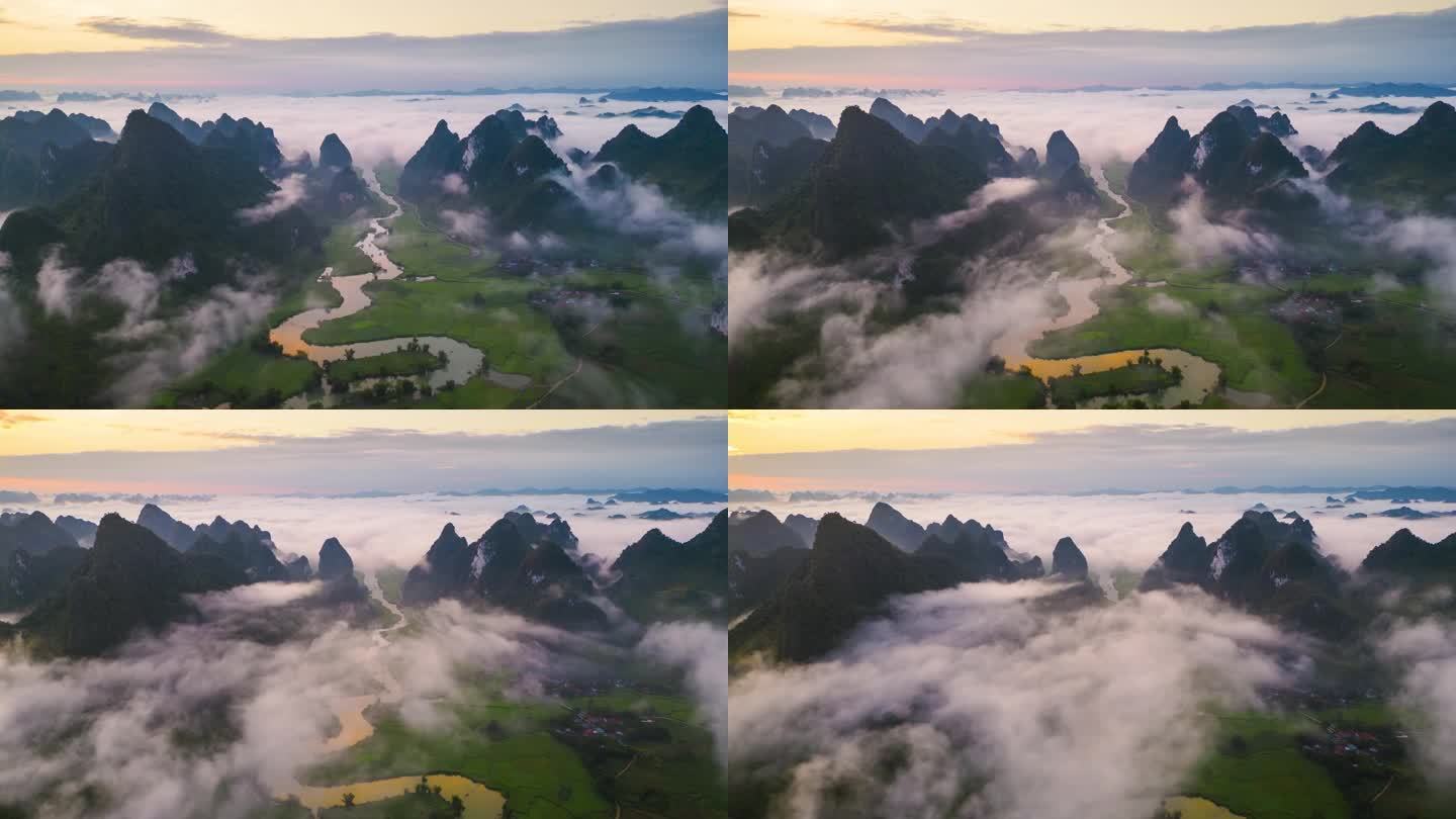航拍的时间流逝的薄雾笼罩的山脉在清晨在中庆，越南北部