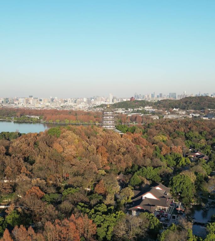 杭州西湖雷峰塔航拍雷锋夕照