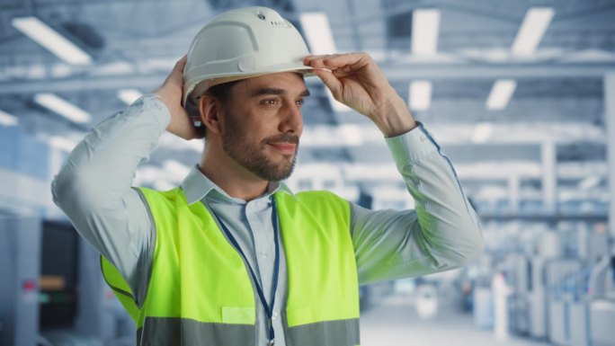 成功的白人男性工程师在电子制造工厂戴上白色安全帽的肖像。重工业专家对生产先进技术项目的思考。