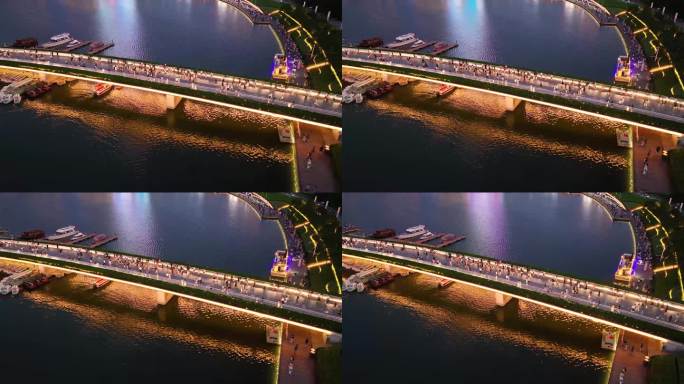 航拍郑州如意湖游玩人群桥夜景