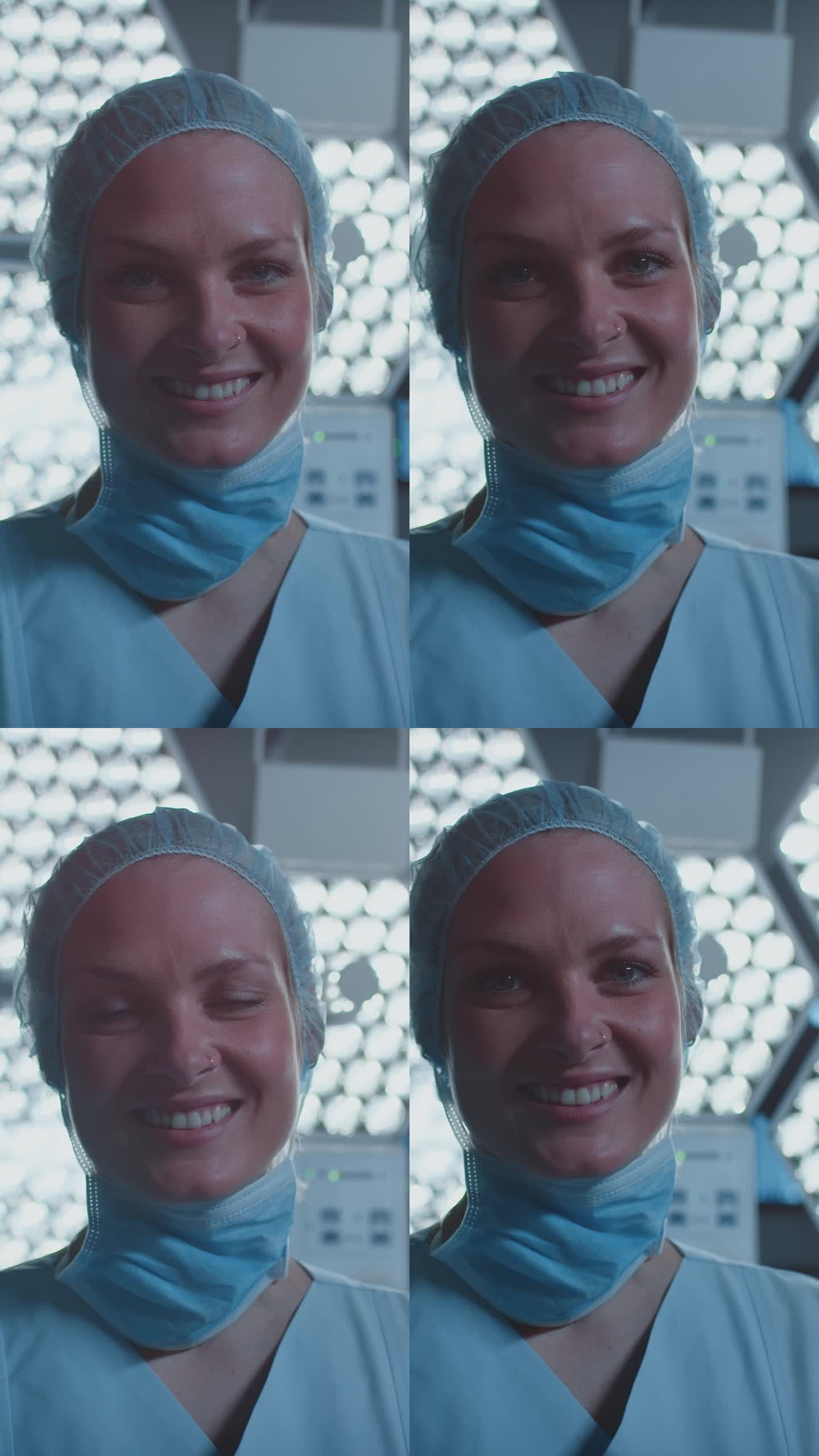 微笑的护士对着明亮的手术灯