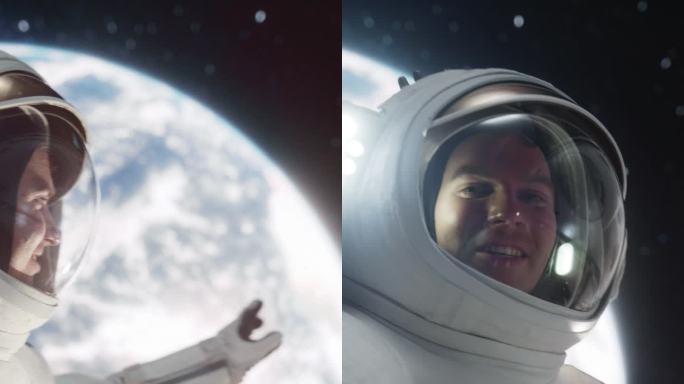 垂直屏幕:屏幕替代概念，宇航员漂浮在太空中，以地球为背景进行视频通话。工程师在开放空间使用智能手机。