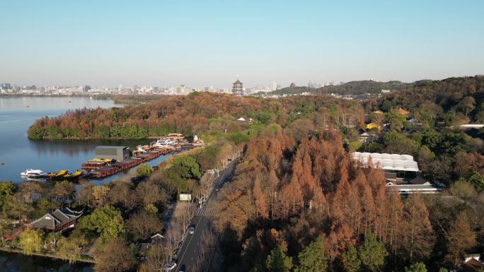 杭州西湖雷峰塔航拍雷锋夕照