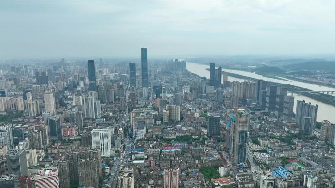 航拍长沙市中心城市地标高楼大厦湘江沿岸