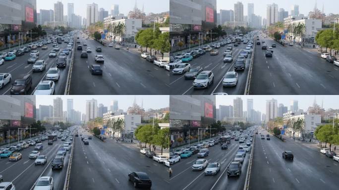 白天武汉市的车流交通和城市风光，定场镜头