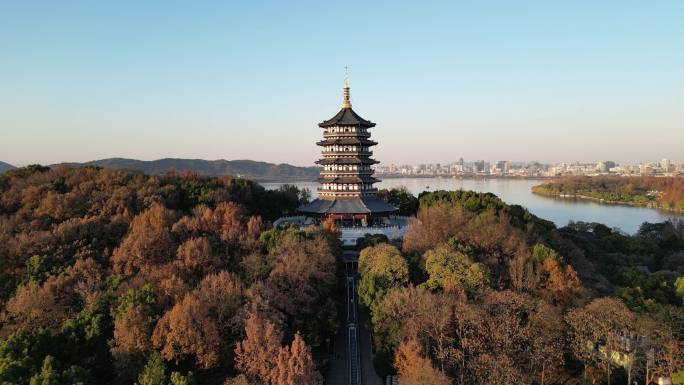 杭州西湖雷峰塔航拍雷锋夕照