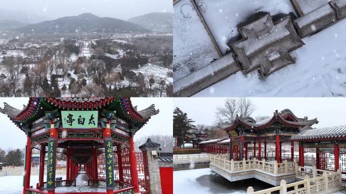 航拍山西太原晋祠公园大雪雪景特写