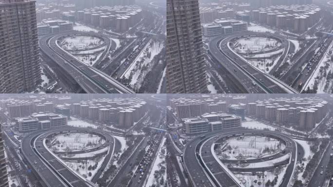 西安下雪城市交通航拍