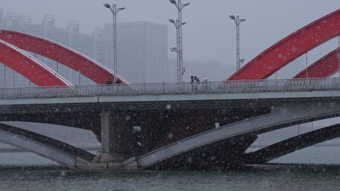 雪中的城市大桥近景